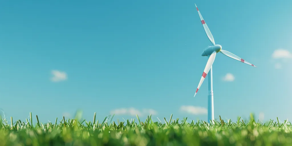 A white wind turbine with red stripes against the blue sky