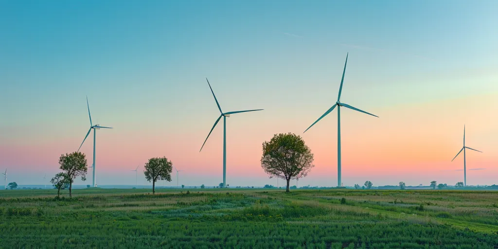 A wind farm with five modern white and grey metal turbines standing on the horizon