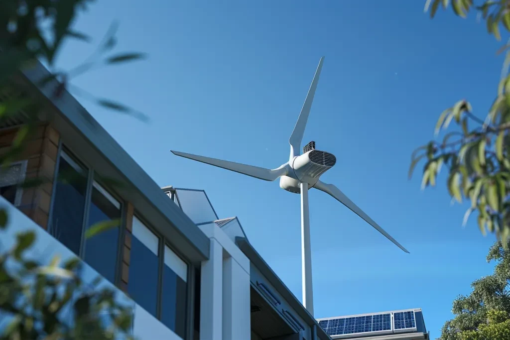 A wind turbine on the roof of an home