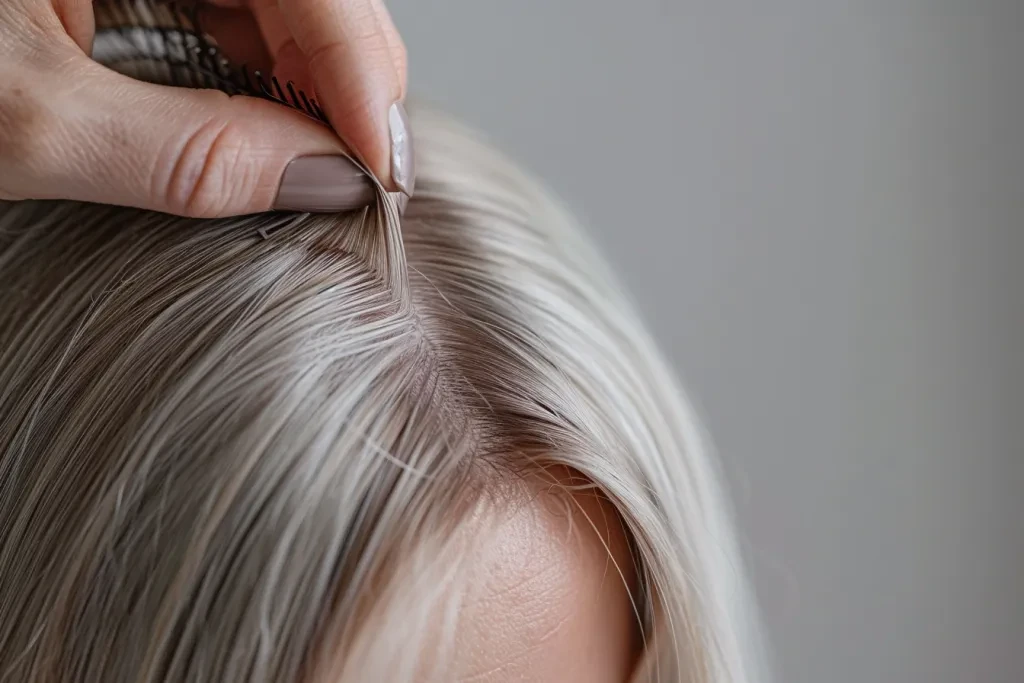 A woman applying a hair growth serum to her head