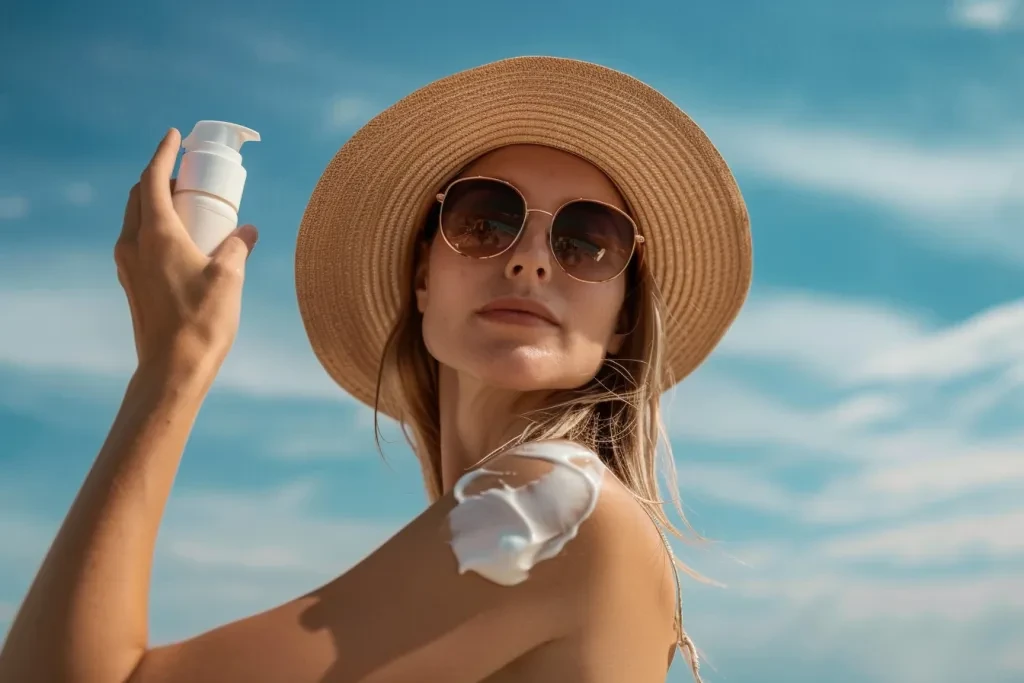 A woman applying body lotion to her skin