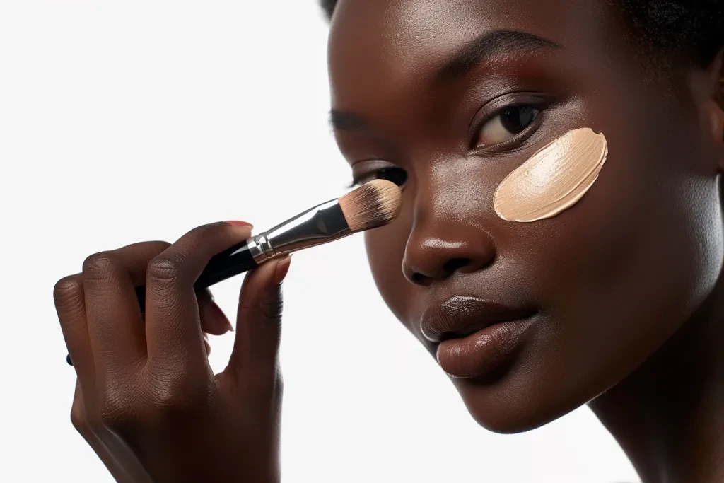 A woman applying translucent liquid foundation