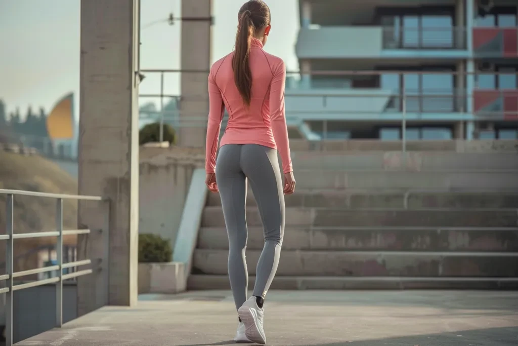 A woman in a pink half zip long sleeve top