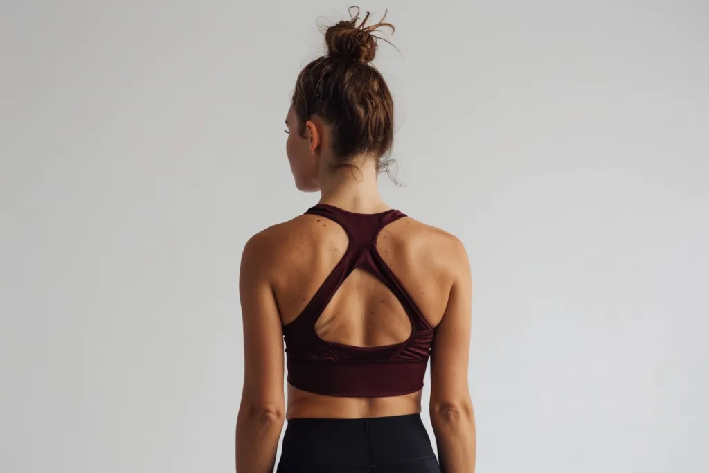 A woman in black leggings and a burgundy sports top