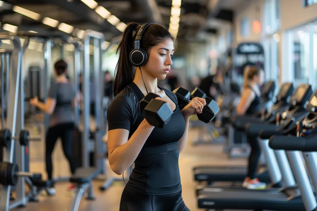 A woman in black leggings and a t-shirt is working out with dumbbells at the gym, surrounded by various fitness equipment