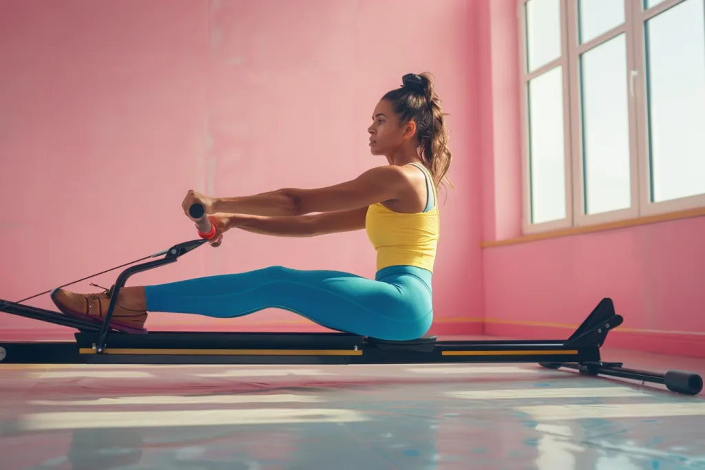 A woman in blue leggings and a yellow top is working out