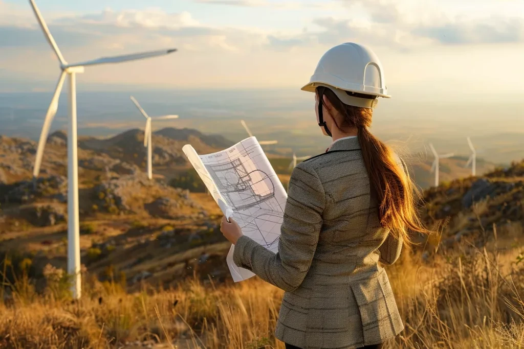 A woman in business attire and a helmet