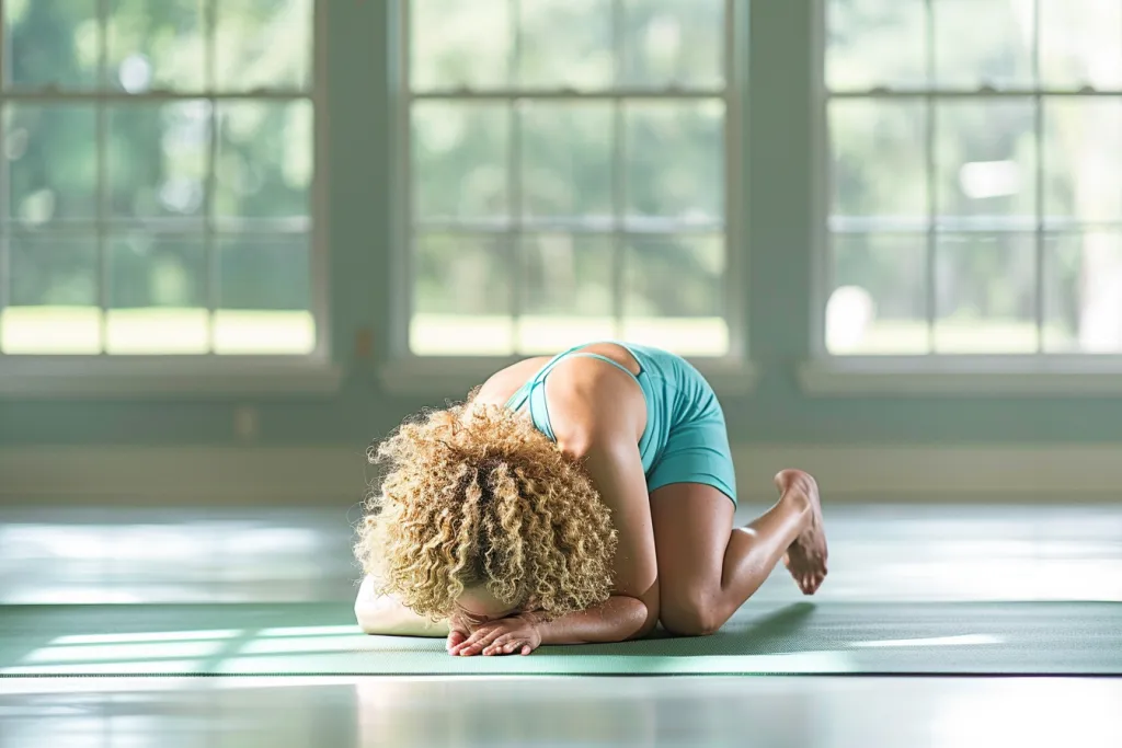 A woman in her late thirties doing the child's pose yoga position