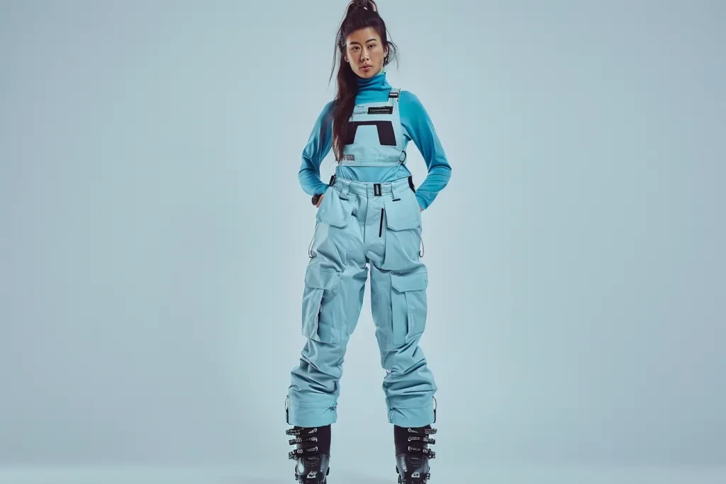 A woman in skid pants, blue top