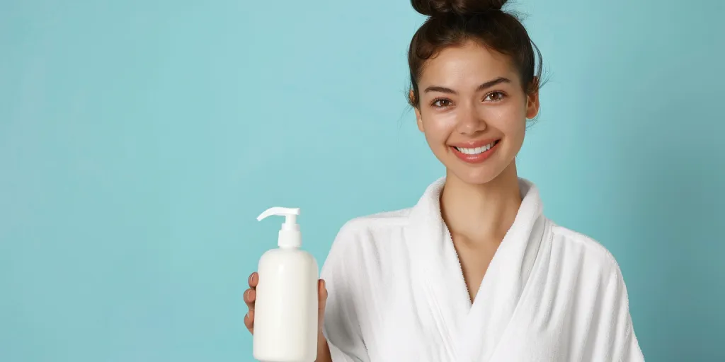 A woman in white robe smiling holding up shampoo bottle