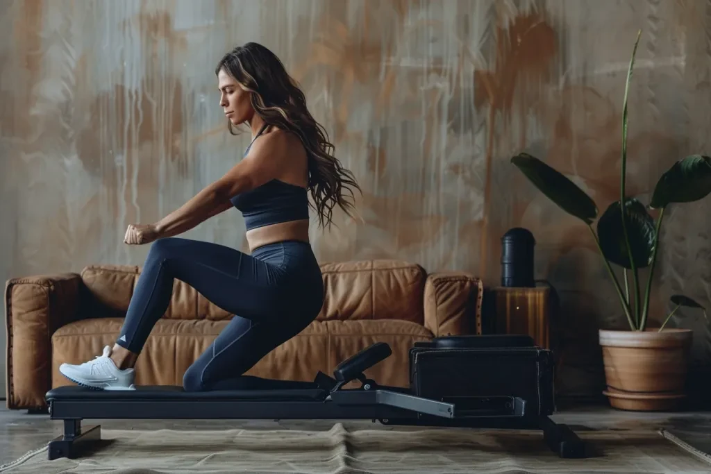 A woman in yoga pants and white sneakers is doing legfolk work on the Ex barefoot rowing machine