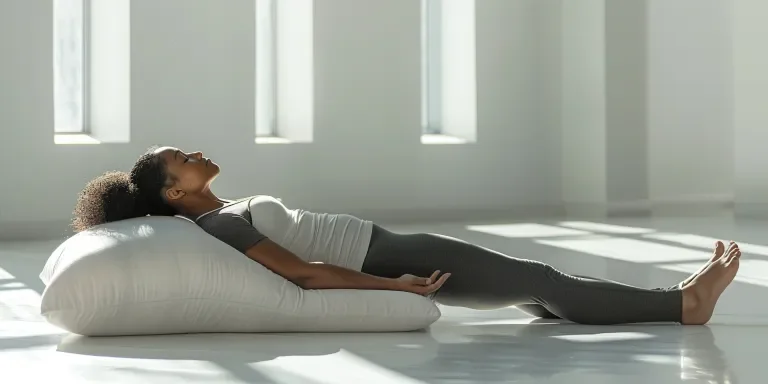 A woman is lying on her back with one leg bent