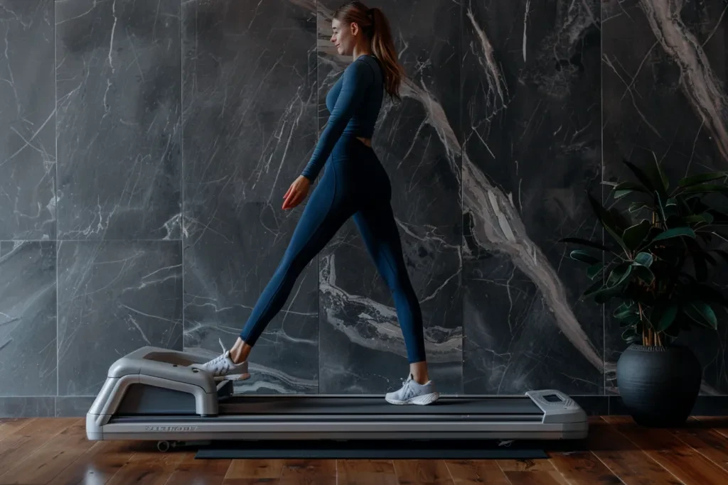 A woman is using a low rectangular silver treadmill with gray fabric covering it