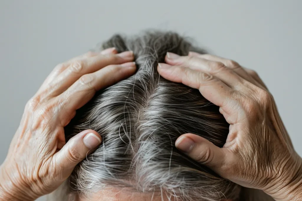 A woman is using her hands to touch the top of her head