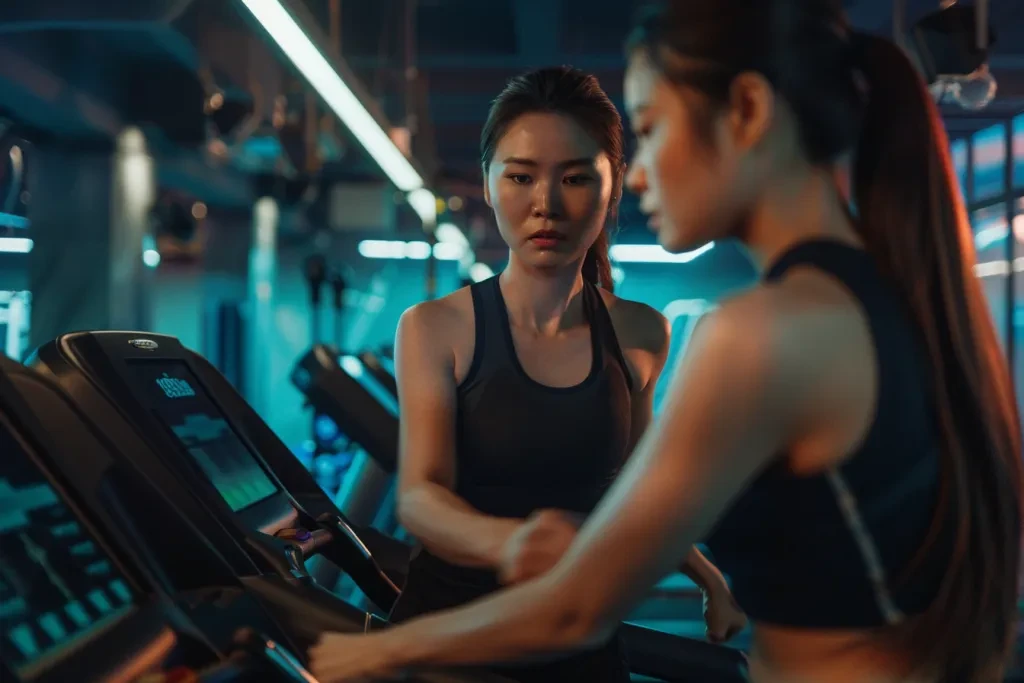 A woman is using the treadmill