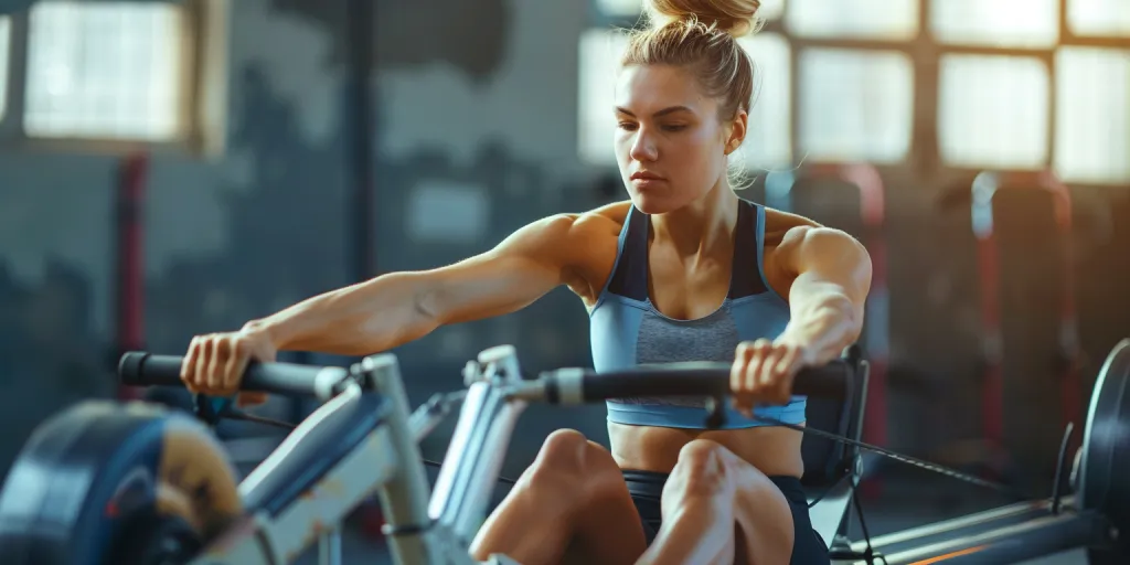 A woman is working out on the rowing machine in an indoor gym