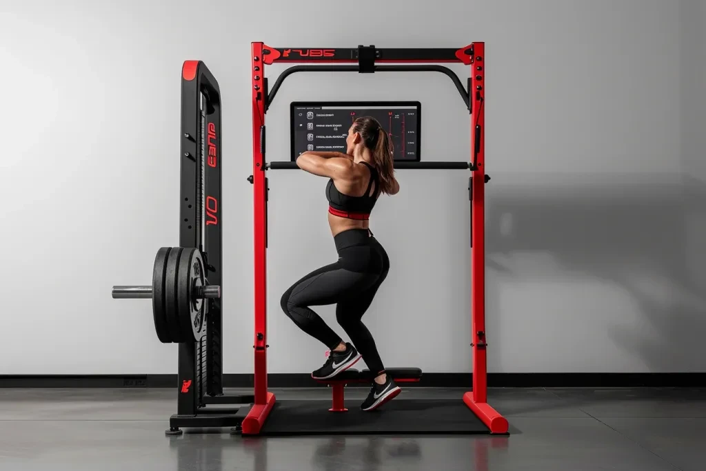 A woman is working out with an Ashaped fitness machine, which stands on the floor and has two rubber matte black cushions for its lower legs and arms