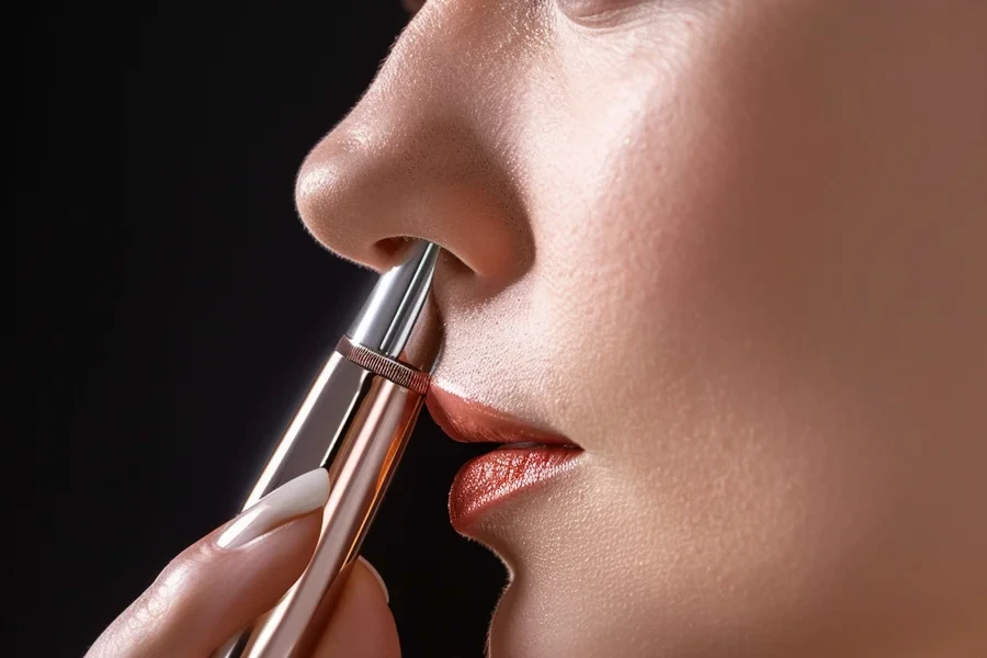 A woman using nose trimmer