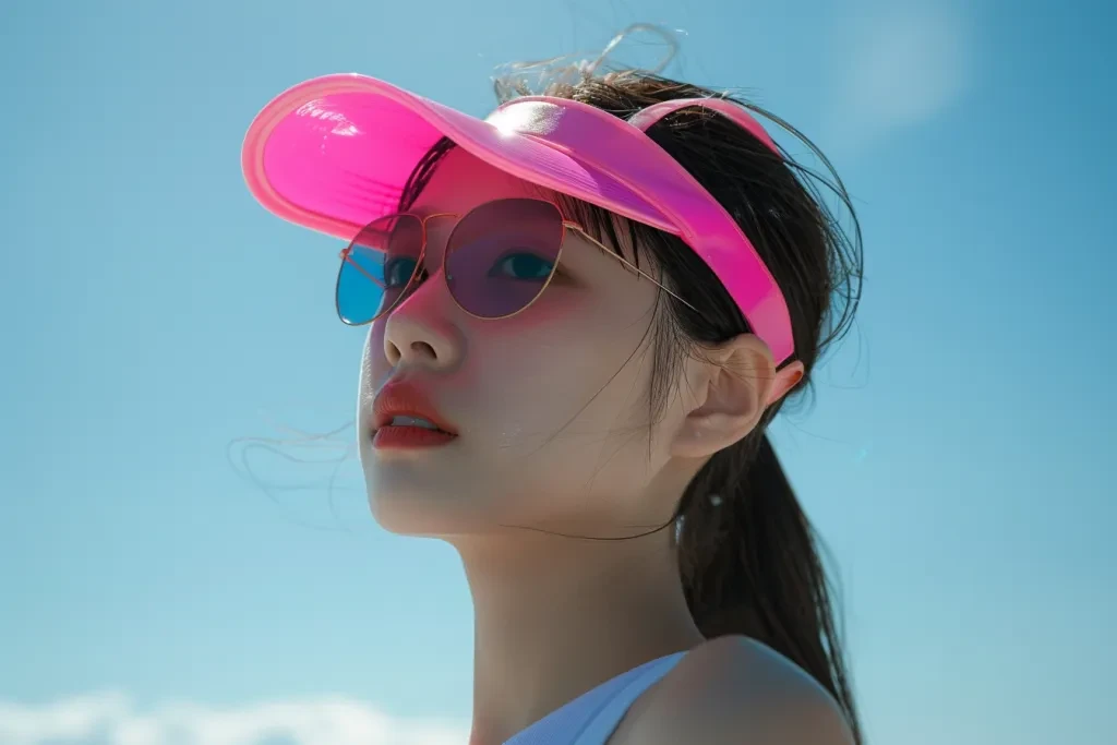 A woman wearing a pink visor hat