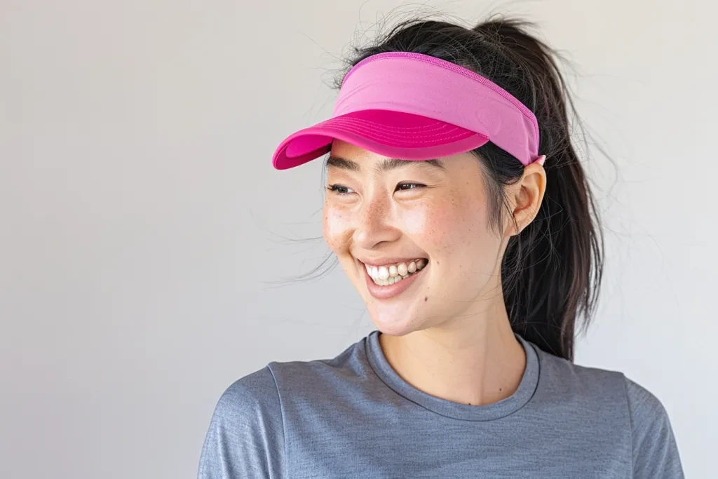 A woman wearing an athletic visor in magenta is smiling