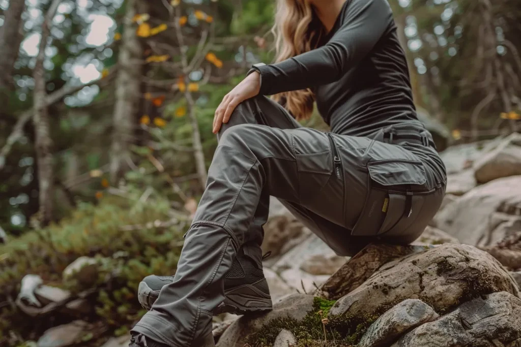 A woman wearing gray hiking pants