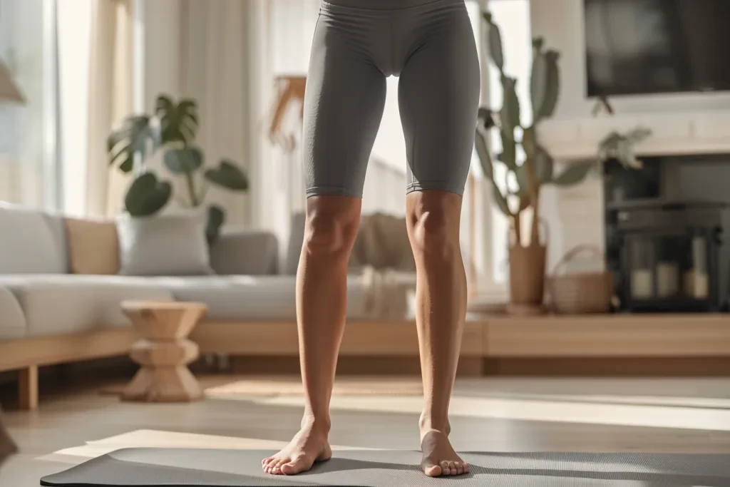 A woman wearing grey yoga shorts