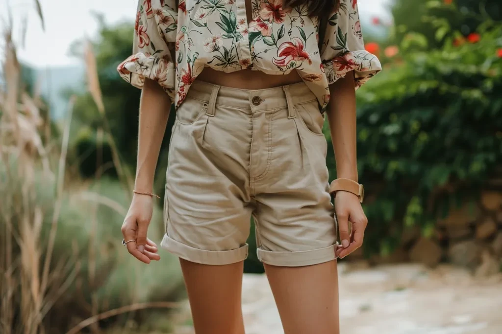 A woman wearing khaki capri shorts