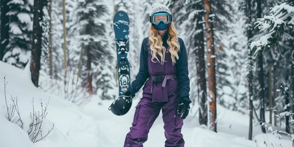 A woman wearing purple snowboard overalls