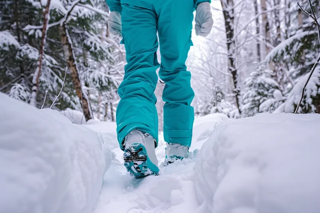 A woman wearing teal snow pants