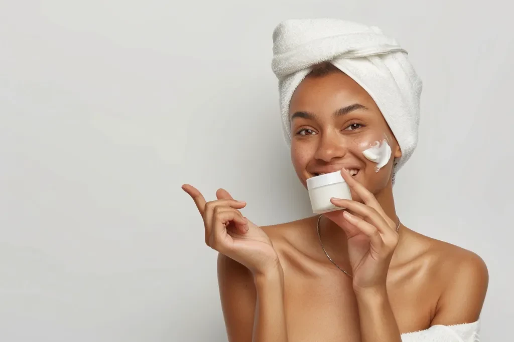 A woman with her hair wrapped in towel