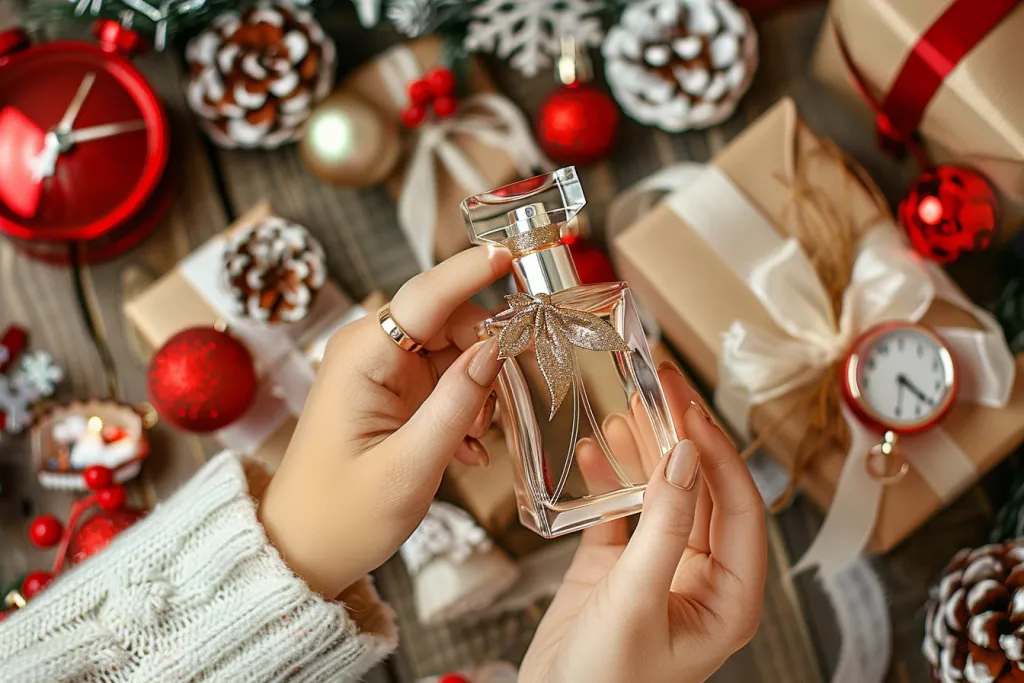 A woman's hand holds an open perfume bottle