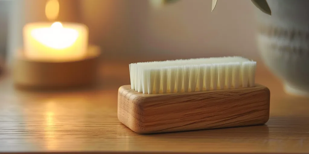 A wooden hand nail brush with white bristles