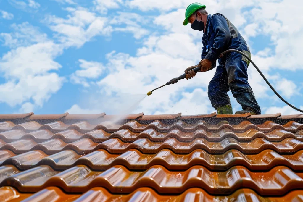 A worker is cleaning the roof with high pressure water