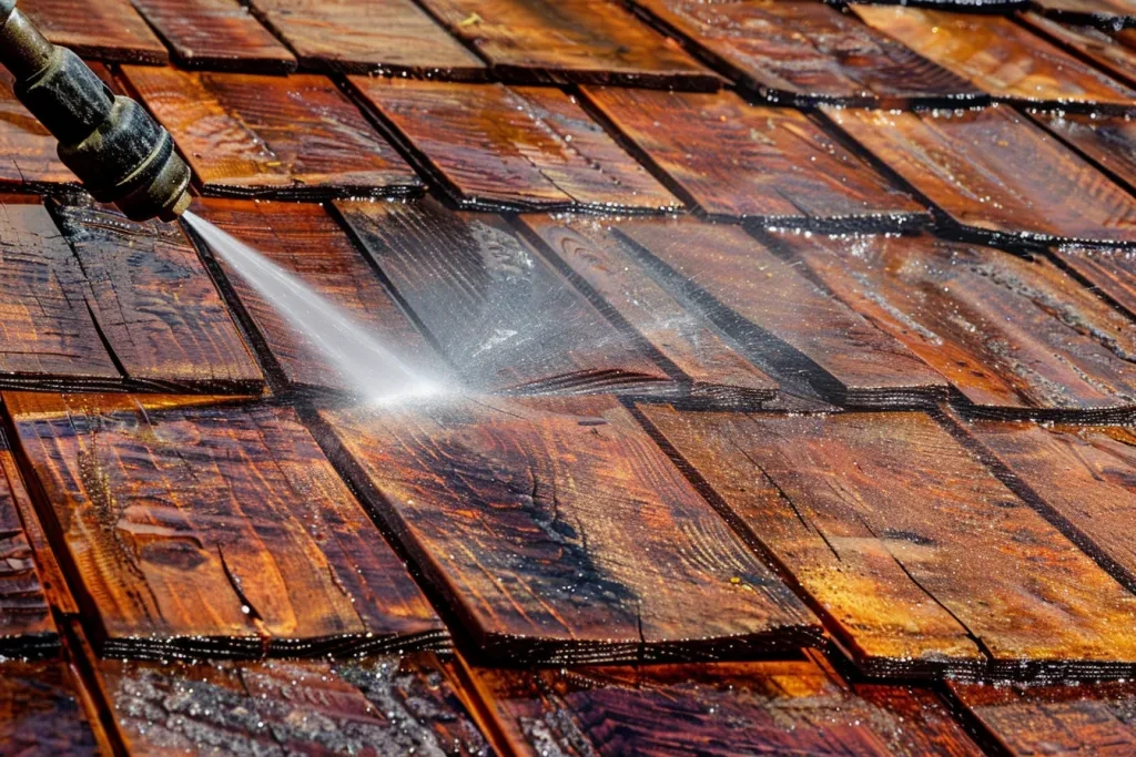 A worker is cleaning the roof