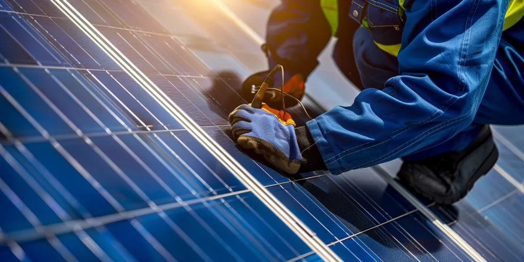 A worker is working on solar panels