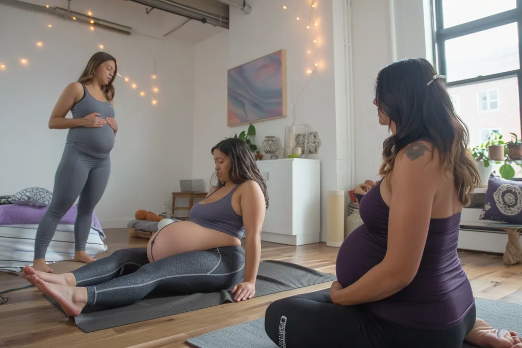 A yoga teacher teaches two pregnant women yoga