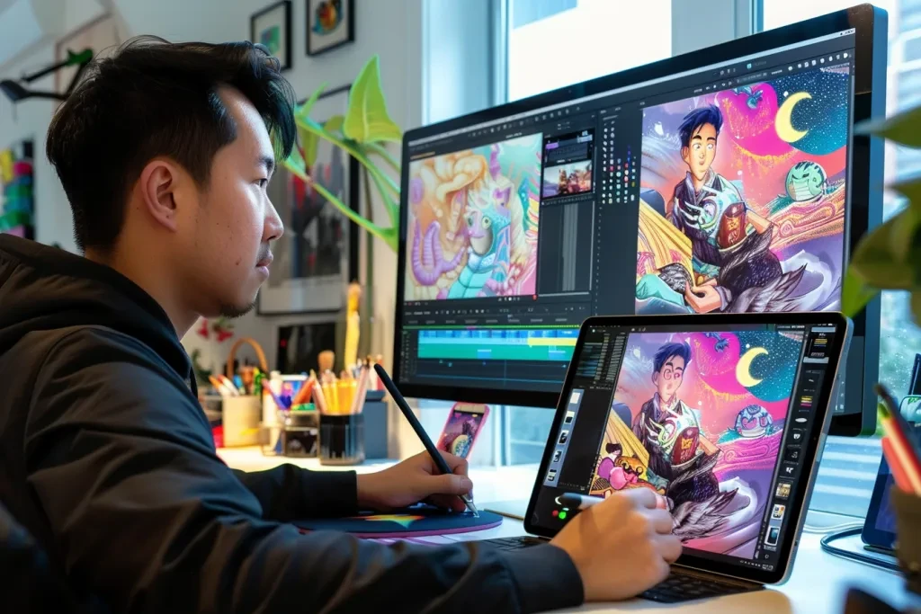 A young Asian man is sitting at his desk