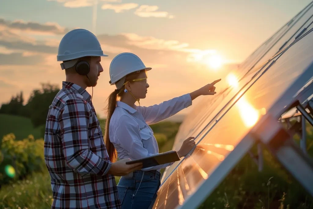 A young engineer and woman in a white helmet with a tablet computer standing near solar panels at sunset, pointing to the sun while talking on walkie talkies during work at a photovoltaic park