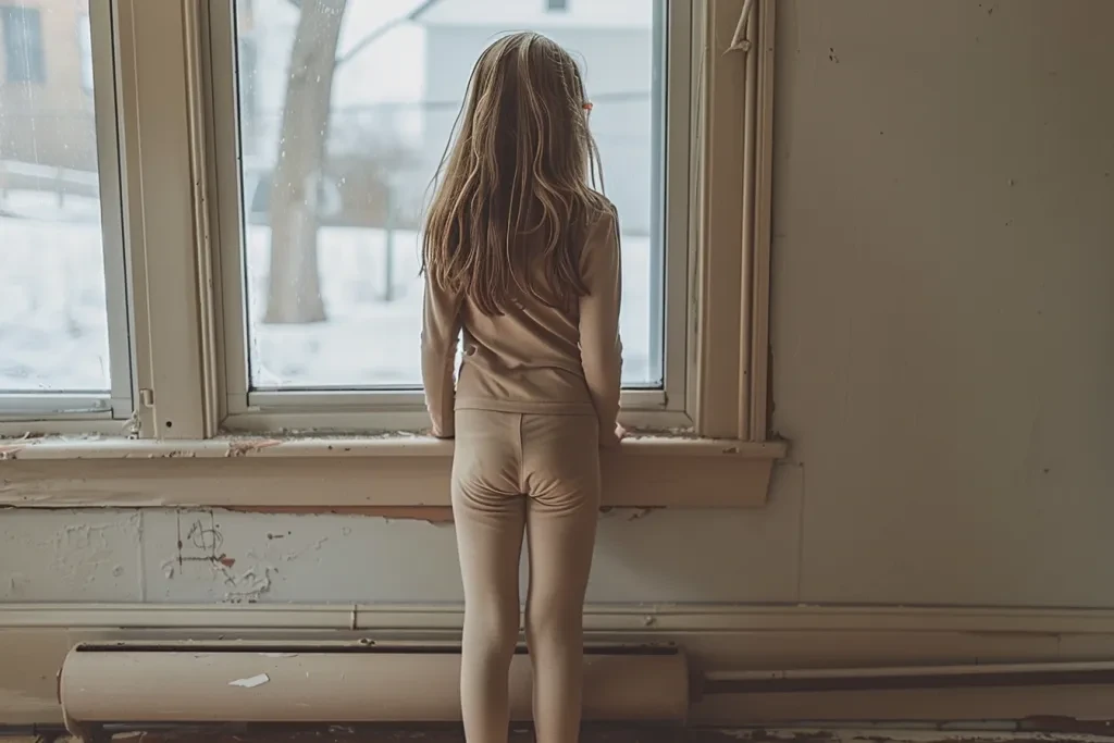 A young girl wearing long sleeved leggings and a turtleneck