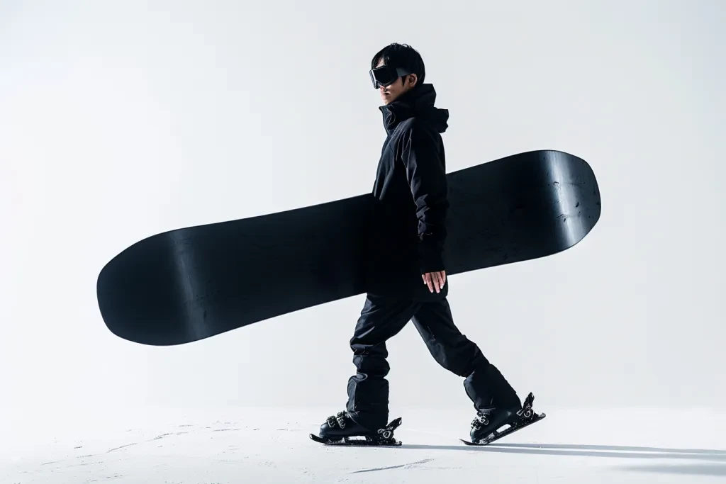 A young man in black is snowboarding