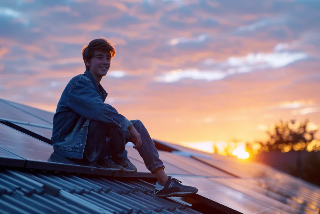 A young man is sitting on top of solar panels in the rooftop, smiling at sunset with beautiful sky