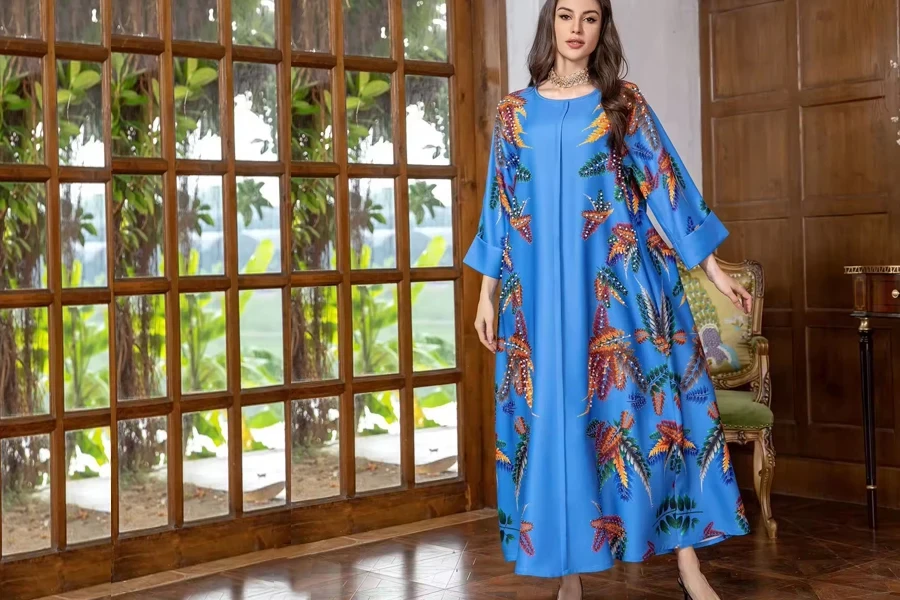 AB345 Middle Eastern Ethnic Style Abaya Women Muslim Dress Printed Rhinestone Beads Muslim Kaftan Dresses Women Arab Dubai Robe