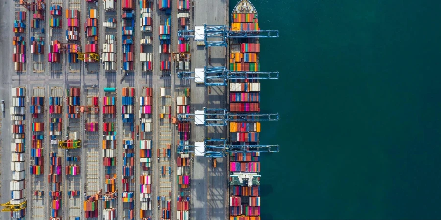 Aerial view industrial port with containers