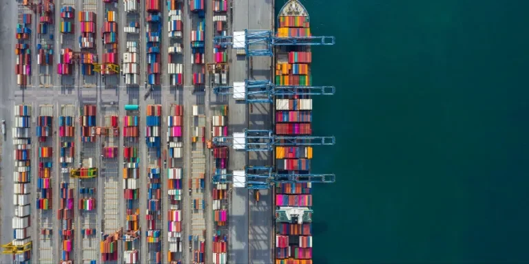 Aerial view industrial port with containers