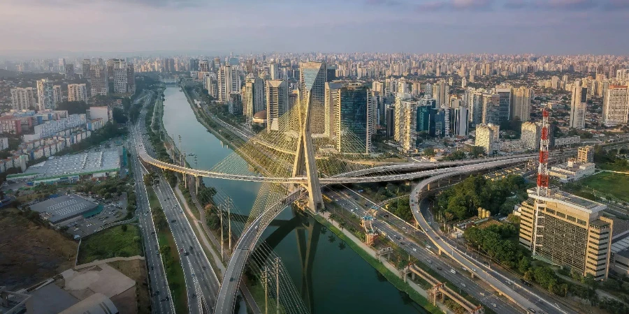Aerial view of Octavio Frias de Oliveira Bridge, San Paulo