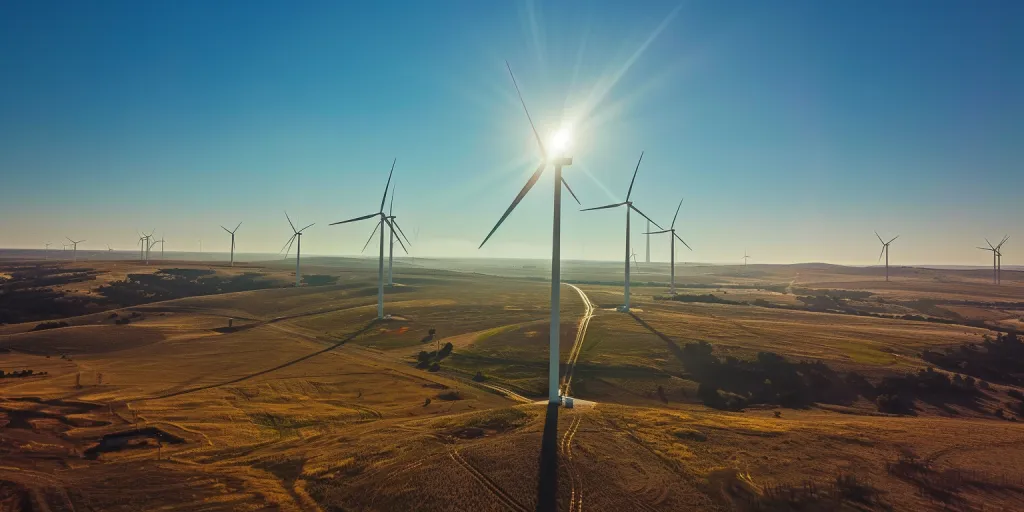 Aerial view of wind turbines in the middle of an open field