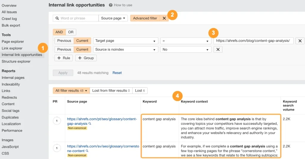 Ahrefs' Internal Link Opportunities report.