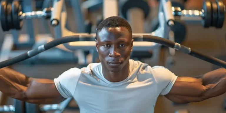 An African American is working out on the chest press machine