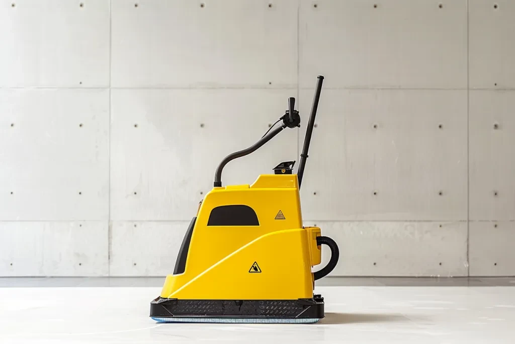 An angled view of the yellow floor stain cleaning machine