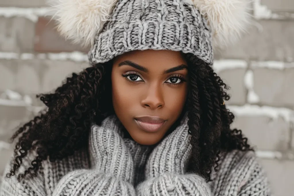 An attractive black woman wearing an grey knit beanie with two white fur pom poms on top